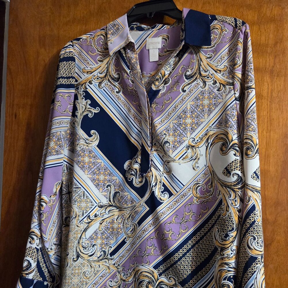 CHICO'S Printed Crisscross Hi--Lo Hem Tunic Navy, Lavender & Yellow Size 1/Med